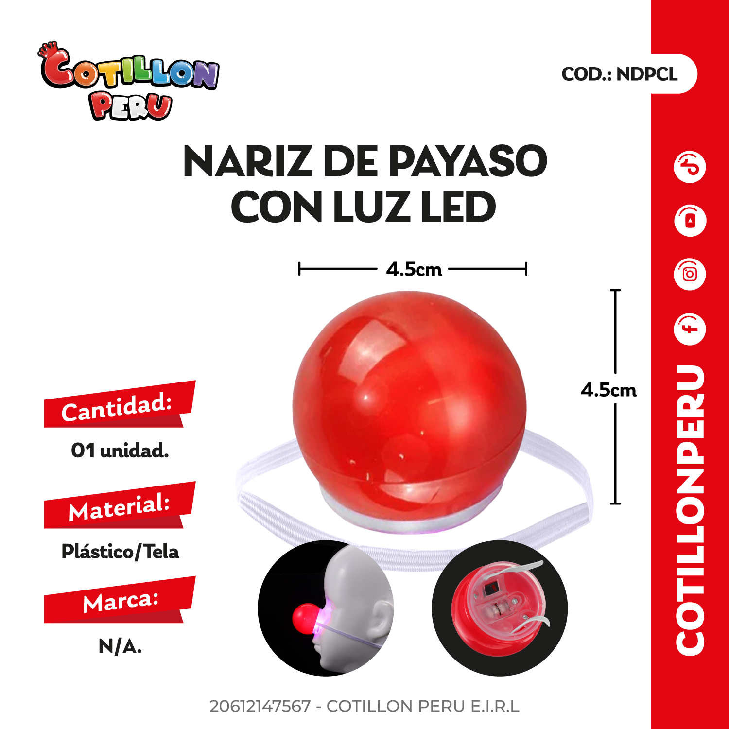Nariz De Payaso Con Luz x 1 Und 